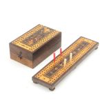 A Tunbridge ware rosewood card box and a cribbage board, the fist of hinged rectangular form with