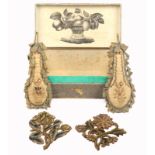 A pair of wool work embroidered floral slips and a pair of silk wall hangings, the pair of slips