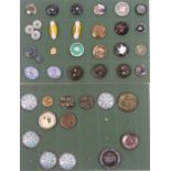 Buttons - two card displays, one of twenty seven including glass and enamel, a set of three owl