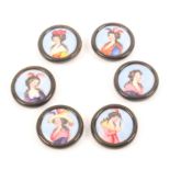 Buttons - a fine set of six Bilston enamel 18th Century buttons, circa. 1775, each depicting a young
