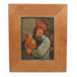 19th Century Continental School - oils on old oak panel, a man in a blue jacket and red cap