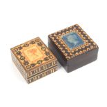 Two Tunbridge ware stamp boxes comprising a rosewood example the lid with two pence blue stamp