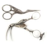 A pair of 19th Century German (Augsburgh) silver ribbon scissors in the form of a stork opening to