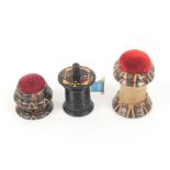 Tunbridge ware - sewing - three pieces, comprising a rosewood cylinder tape measure with overhanging
