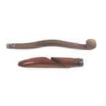 Two knitting sticks, comprising a mahogany example for a child initialled and dated 'AE 1824', brass