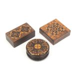 Tunbridge ware - three pieces comprising a rosewood circular box with geometric mosaic lid, 4.5cm, a
