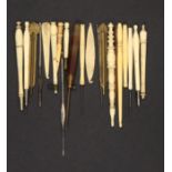 Tambour and crochet hooks comprising three incomplete tambour hooks in bone and ivory, three bone