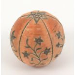 A good early or mid 18th Century silver wire embroidered orange silk pin ball, in five segments,