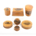 Mauchline ware -seven pieces comprising a stamp box (Cavendish Hotel, Eastbourne), 8.2cm, a