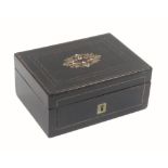 A documentary French sewing box of rectangular small format inlaid to the front and lid with brass