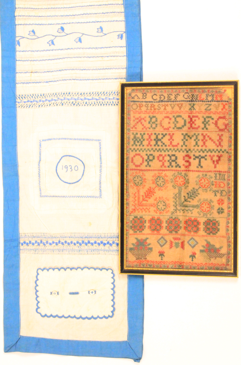 Three samplers comprising an early 18th framed example worked with alphabet, spandrils, flowering
