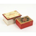 Two children's cardboard sewing boxes, comprising a rectangular example the lid with a colour