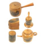 Mauchline ware - sewing - five pieces, comprising a bell form tape measure (Henley on Thames) tape