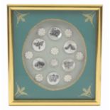 Buttons - a fine framed display of 19th Century mother of pearl buttons, comprising a set of six
