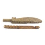 A knitting stick and a sheath, the sheath probably Teesdale, 19cm, the other probably Welsh with