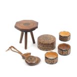 Tunbridge ware and associated wares - six pieces comprising three Tunbridge ware napkin rings of