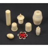A mixed lot - sewing - eight 19th Century ivory pieces comprising a tape measure with carved
