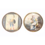 Buttons - two 18th Century buttons, painted on ivory one depicting a Roman style warrior, the