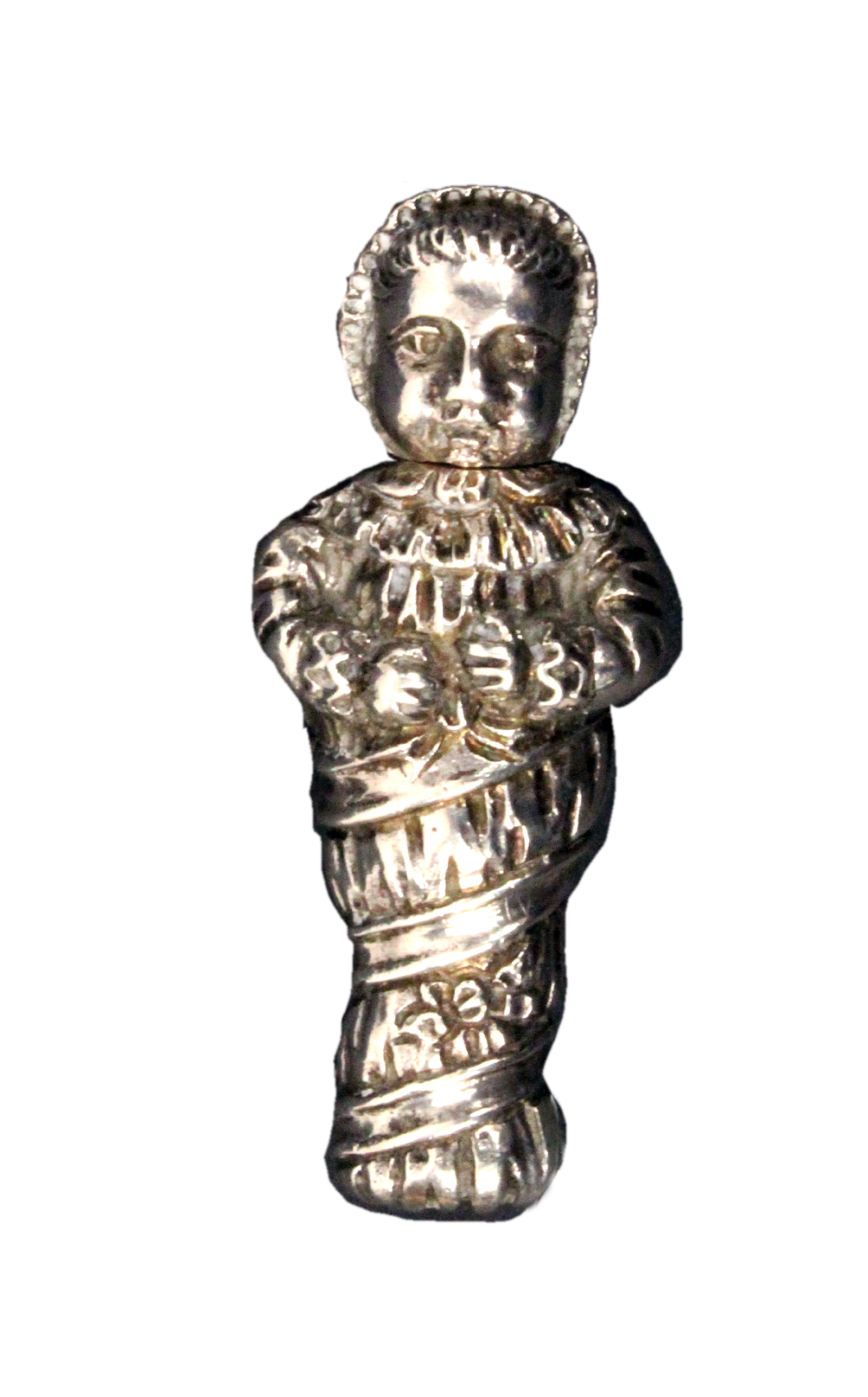 A continental silver needle case in the form of a swaddled baby, hinged at the neck, with import