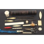 A mixed lot - sewing - mostly 19th Century ivory pieces including three shuttles, ivory cylinder