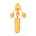 An 18th century gilt metal chatelaine, the hook mount cast with classical style figures to a panel
