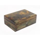 An early Victorian papier mache rectangular sewing box of small size, the lid and sides painted