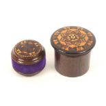Tunbridge ware - sewing - two pieces, comprising a rosewood cylinder reel box with overhanging