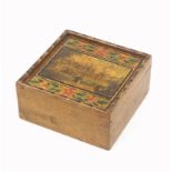 An early painted and print decorated Tunbridge ware whitewood box, the sliding lid with a colour
