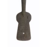 A 19th Century or earlier garden hoe, the iron blade of thistle form initialled 'I.S.' on an ash