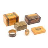 Mauchline ware - six pieces, comprising a rectangular money box (oval of flowers/tartan bands),