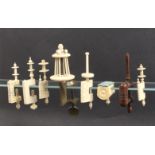 Eight various clamps comprising an unusual decorative ivory example on brass frame, 15cm, three