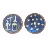 Buttons - two 18th Century verre eglomise buttons, both silver and blue, one painted with stars