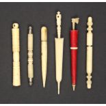 Six bone needle cases comprising two as furled umbrellas one stained red, three cylinder form
