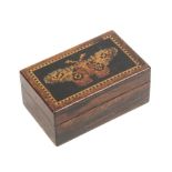 A rosewood Tunbridge ware box of rectangular form the pull off lid with a mosaic panel of a