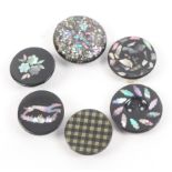 Buttons - six 19th Century papier mache buttons, five variously inlaid with mother of pearl one with