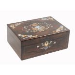 An attractive mid Victorian rosewood sewing box by Woolfield inlaid in pearl and brass of