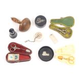 A mixed lot - sewing - comprising two violin case form etuis, one with decorative scissors, the