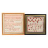 Two samplers, comprising 'Annie Wiegers, Hilversum', circa 1840 ,worked with rows of stitches,