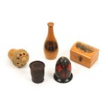 Five thimble cases comprising a dome top Mauchline ware example (Cromer), 4.2cm, another as a