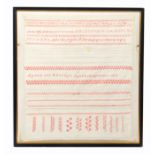 A band sampler 'Agnes Lethbridge, Aged Nine Years É. 1850', in red and white with bands of alphabets