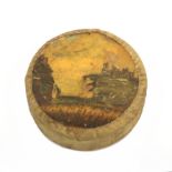A rare Tunbridge ware print decorated disc form pin cushion , one side with a map of the coast