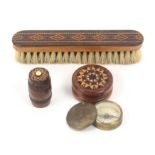 Tunbridge ware - three pieces, comprising an attractive turned yew wood circular box the lid with