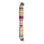A good coloured split straw work cylinder needle case with pointed ends to green tassels, the