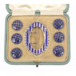 Buttons and a buckle, a cased set of six buttons and a buckle, the buttons in blue enamel trellis