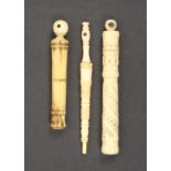 Three bone needle cases with Stanhopes comprising a decorated cylinder example (Apparition At