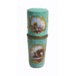 A good late 18th/early 19th Century Staffordshire enamel etui, of large tapering cylinder form,