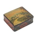 A small Tartan ware snuff box by C. Stivens, Laurencekirk, the lid painted with a titled view of