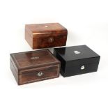 Three mid Victorian sewing boxes all of rectangular form comprising a rosewood example with pewter
