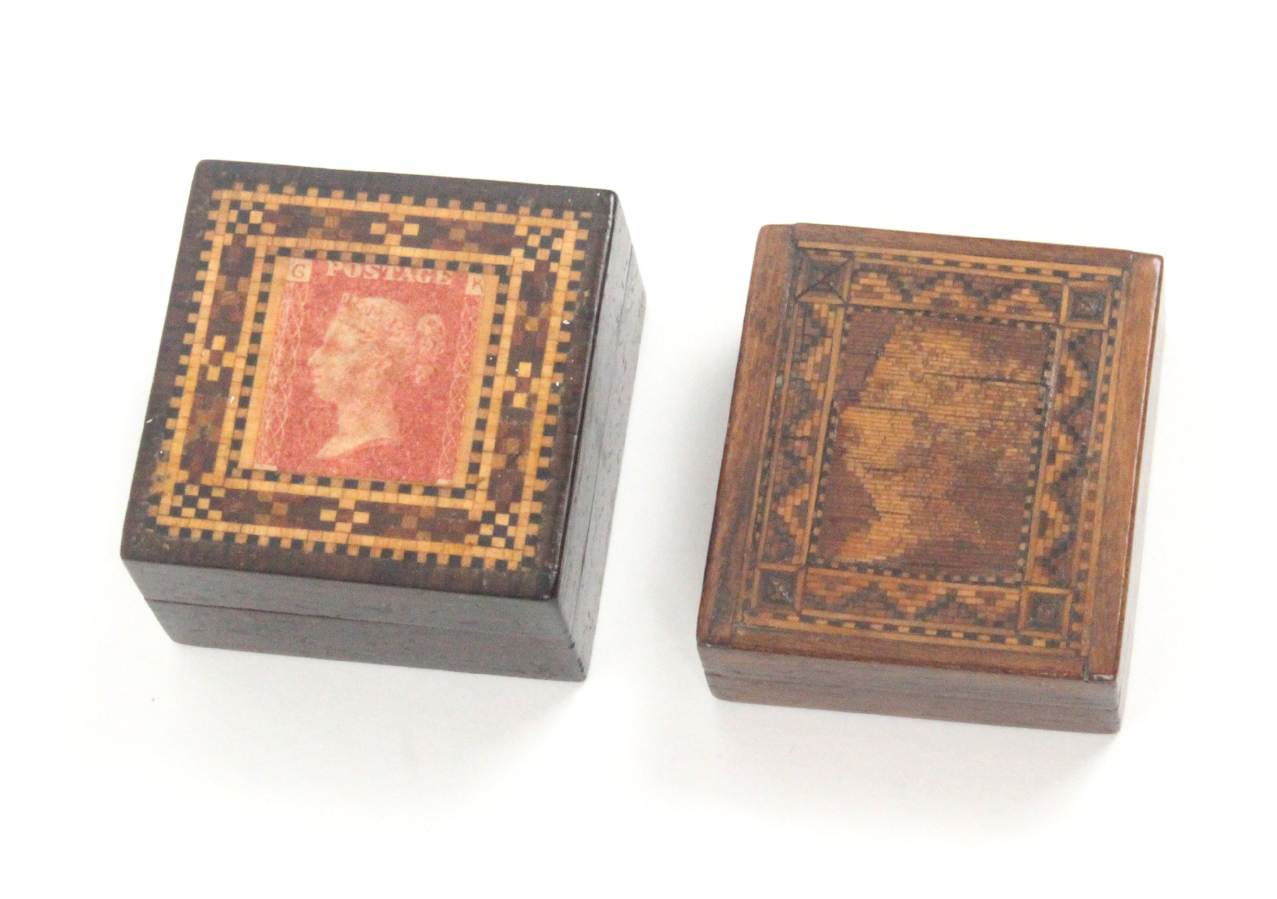 Tunbridge ware - two stamp boxes, comprising a rectangular example the lid with young head QV in