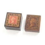 Tunbridge ware - two stamp boxes, comprising a rectangular example the lid with young head QV in